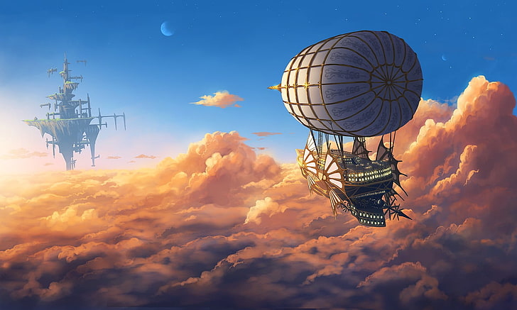 white blimp, aircraft, clouds, fantasy art, Moon, floating, sky