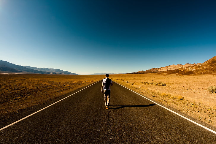 man walking on road wallpaper, desert, guy, mountain, outdoors, HD wallpaper