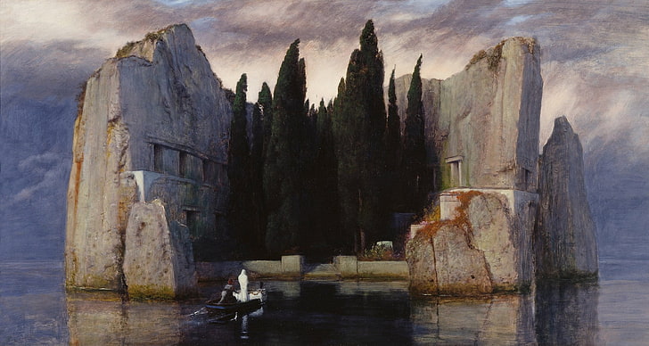 artwork, Arnold Böcklin, boat, island, water, trees, oil painting