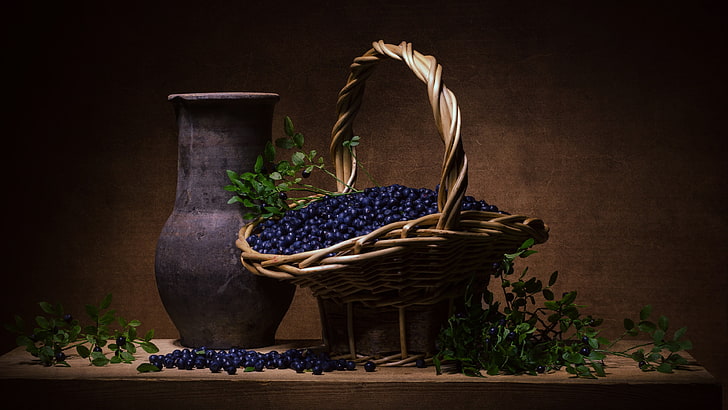 blueberries, basket, still life photography, blueberry, fruit, HD wallpaper