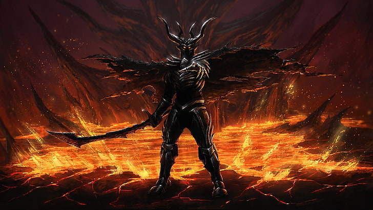 game character holding battle axe wallpaper, fantasy art, demon