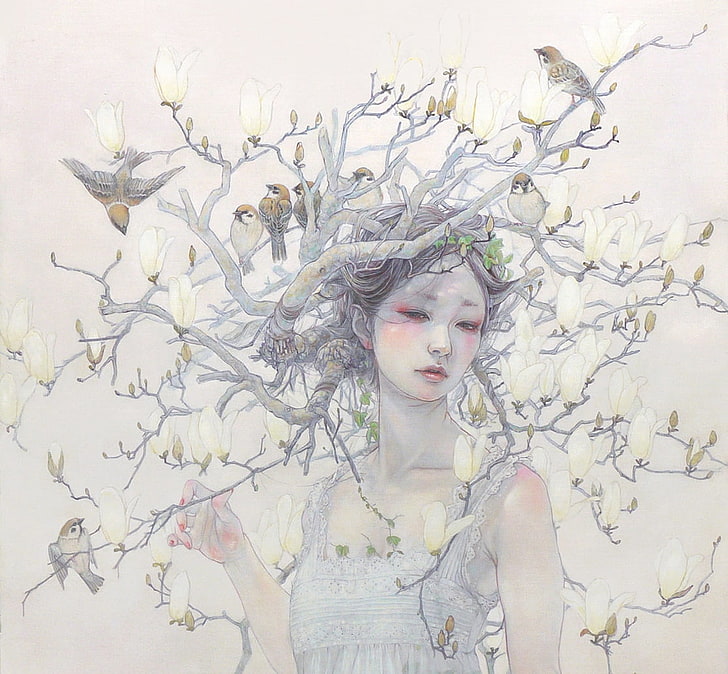Spring, art, luminos, pasare, branch, fantasy, girl, bird, flower, HD wallpaper