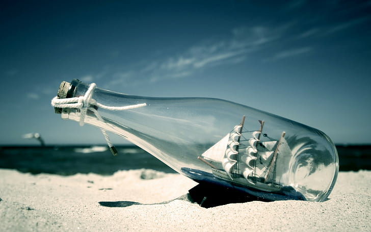 ship in a bottle, photography, beach, water, sea, bottles, sand