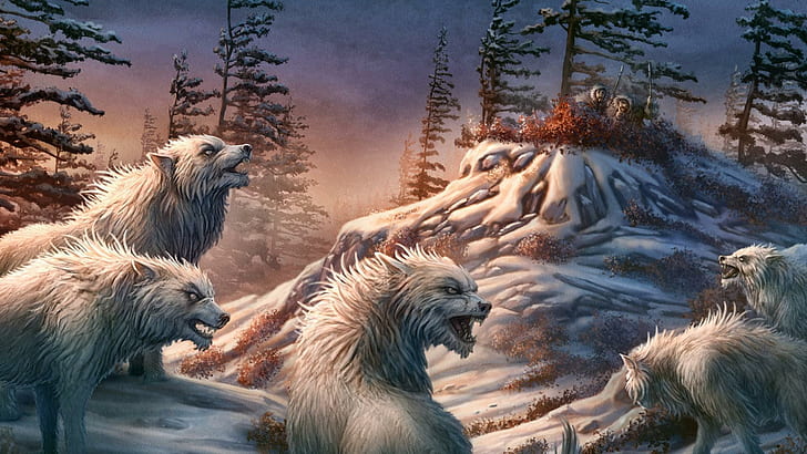 Eskimos hiding from the white wolves, 5 white wolves, fantasy, HD wallpaper