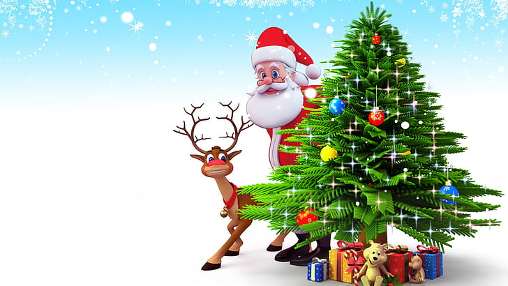 christmas, santa claus, christmas tree, reindeer, holiday, illustration, HD wallpaper