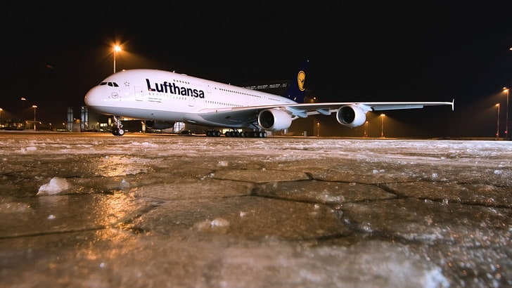 white Lufthansa plane, airplane, Airbus A-380-861, ice, night