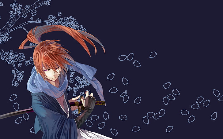 Kenshin Himura digital wallpaper, girl, sword, sakura, petals