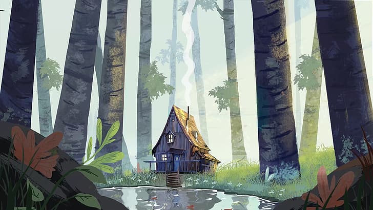 Hugo Barret Castan, cottage, chimneys, forest, pond, plants, HD wallpaper