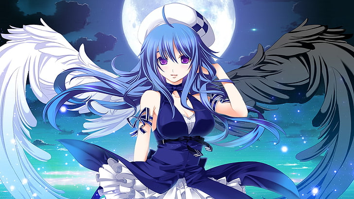 blue-haired girl in blue and white dress with wings character illustration