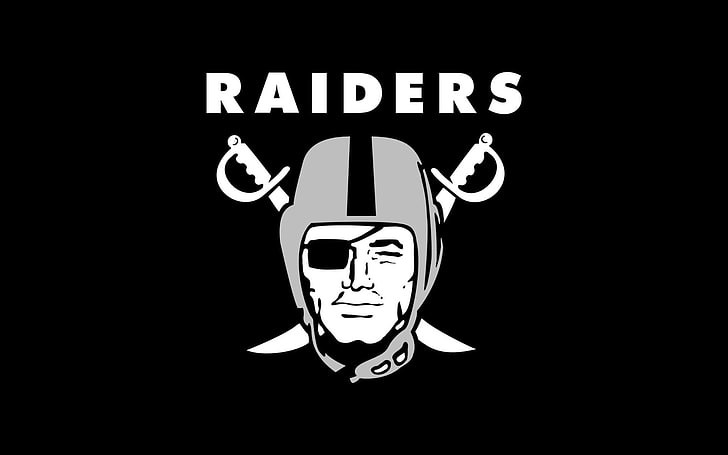 Oakland Raiders logo, Football, text, black background, indoors