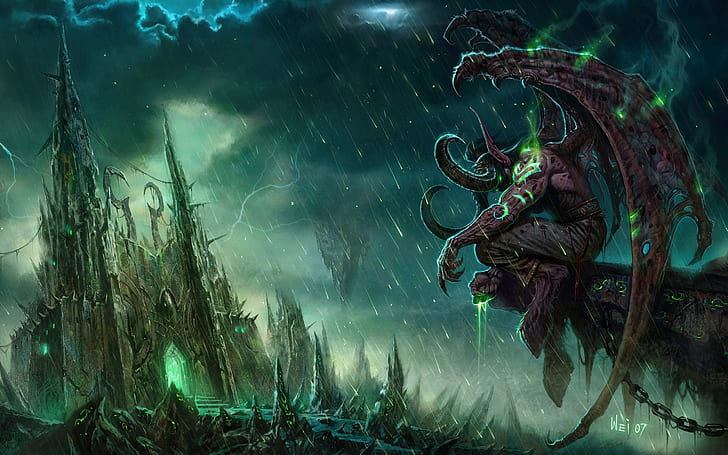 wow, illidan, world of warcraft, castle, monster, bad weather