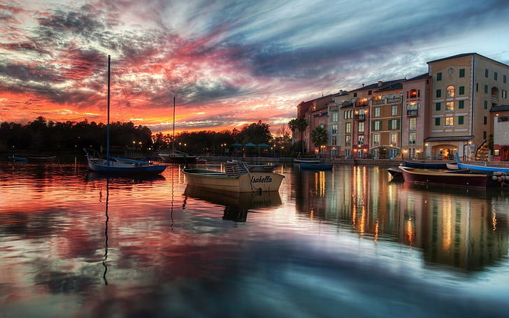 Portofino, Italy, Boat, Sea, Water, Reflection, Sunset, Building, City, HD wallpaper