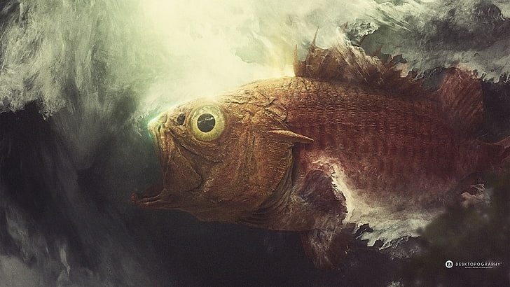 brown fish painting, Desktopography, nature, animals, digital art