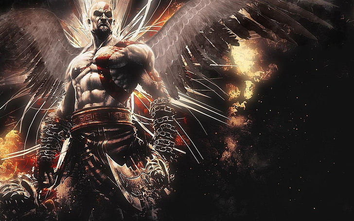 demon, fire, Kratos, God of War, video games, fantasy art, warrior