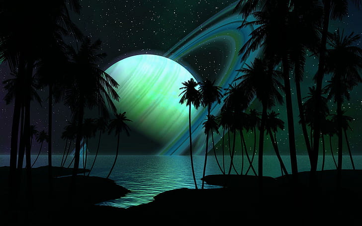 Green glowing planet over the ocean, saturn planet, fantasy, 1920x1200
