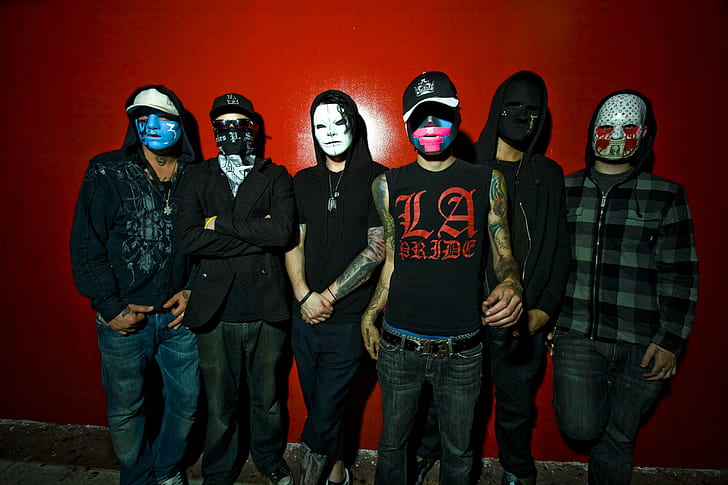 Hollywood undead, Band, Members, Masks, Wall, group of people