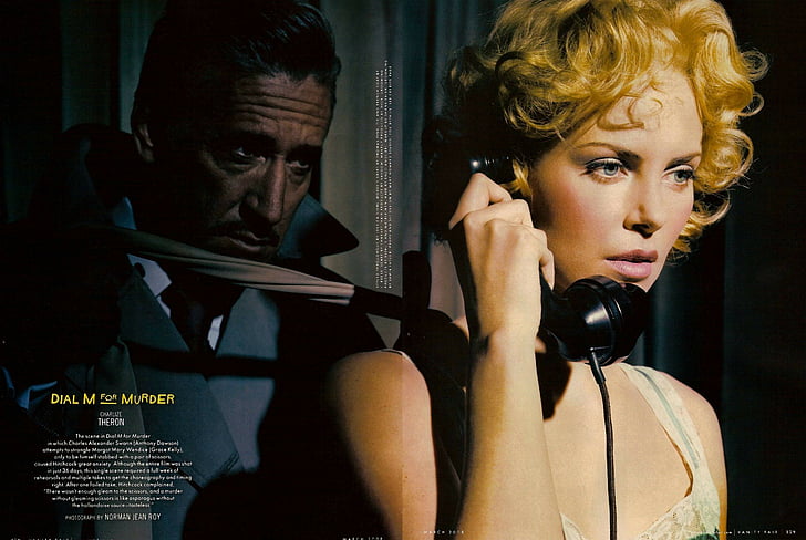 alfred, blondes, charlize, hitchcock, phones, theron