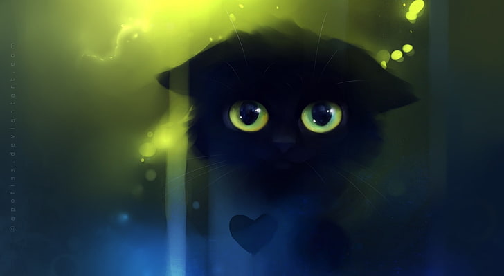 Sad Kitty Painting, black cat, Artistic, Fantasy, Beautiful, Green