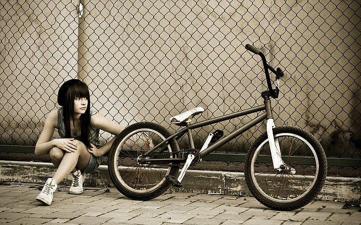 monochrome, BMX, low saturation, women, women outdoors, women with bicycles