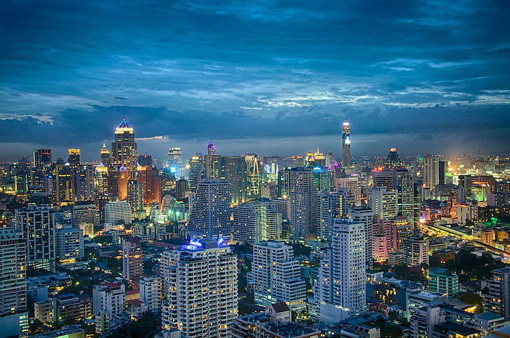 city buildings during nighttime, bangkok, bangkok, Skyline, Thailand, HD wallpaper