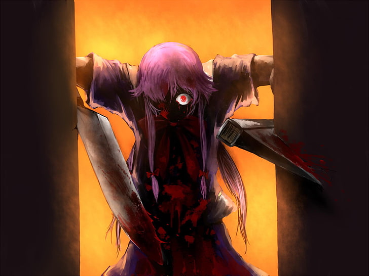 anime wallpaper, Mirai Nikki, Gasai Yuno, blood, Scream, axes