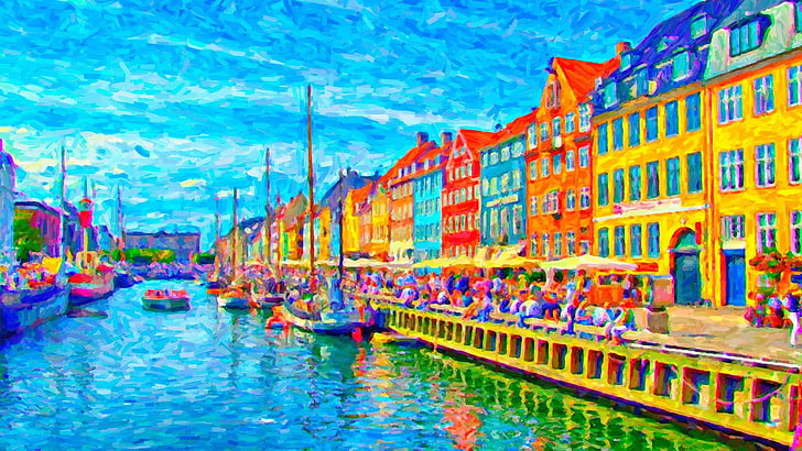 reflection, harbour, copenhagen, denmark, nyhavn, digital painting, HD wallpaper