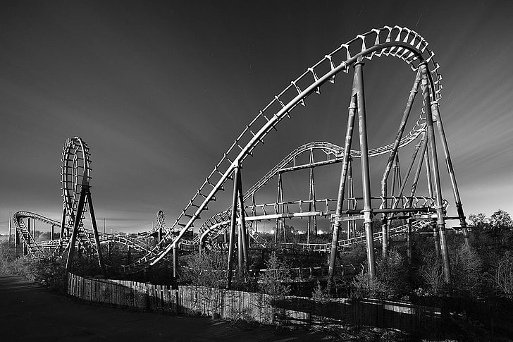 monochrome, rollercoasters, black, white, abandoned, amusement park