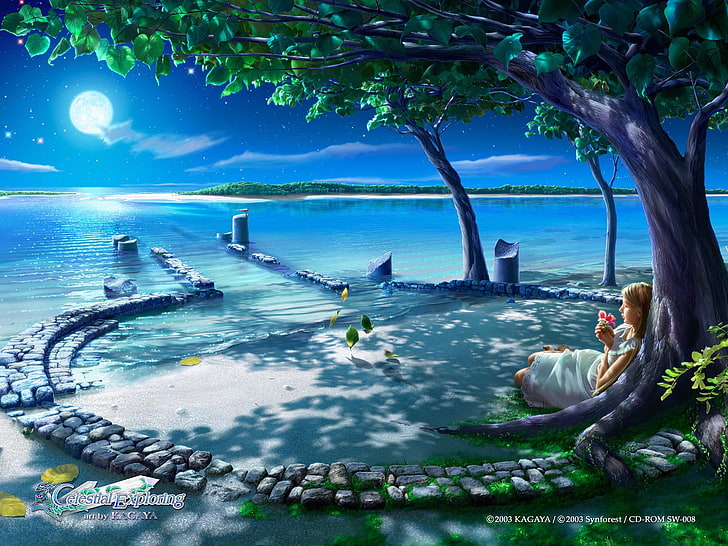woman lying under tree digital wallpaper, landscape, beach, fantasy art