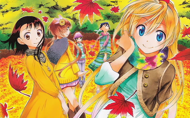five women standing near plants illustration, Nisekoi, Kirisaki Chitoge