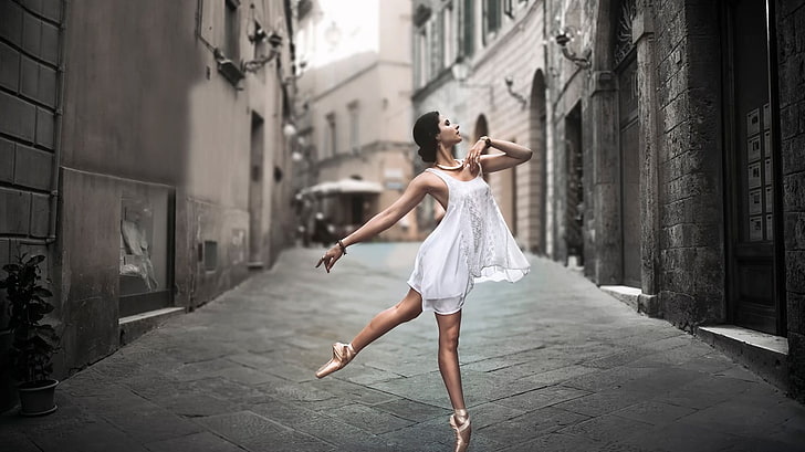 women's white dress, ballet slippers, dancer, street, women outdoors, HD wallpaper