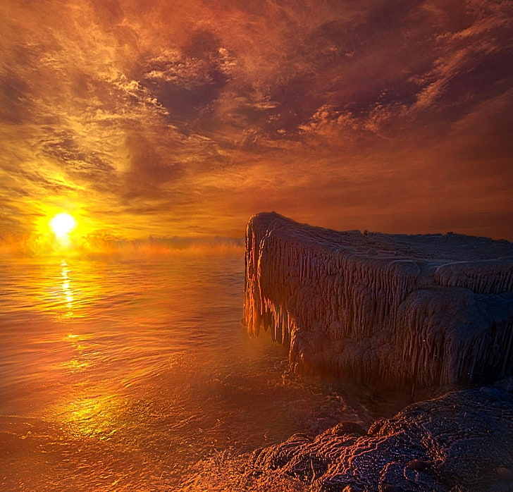 cliff during golden hour digital art, winter, nature, ice, lake, HD wallpaper