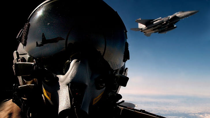 pilot, jet fighter, reflection, clouds, helmet, aircraft, military aircraft, HD wallpaper