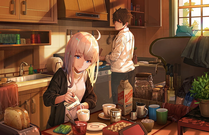 HD wallpaper: anime couple, kitchen, dessert, sunlight, food and drink,  lifestyles | Wallpaper Flare