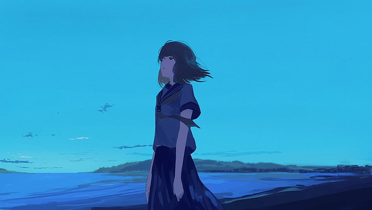 anime character standing near beach illustration, manga, anime girls