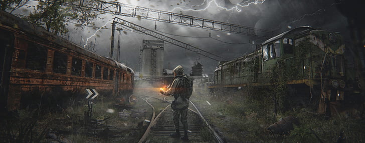 road, train, depot, Stalker, fan art, Stalker 2, Pavel bondarenko, HD wallpaper