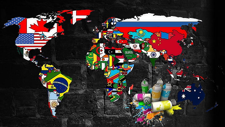 red and multicolored map painting, world, murales, spray, graffiti, HD wallpaper