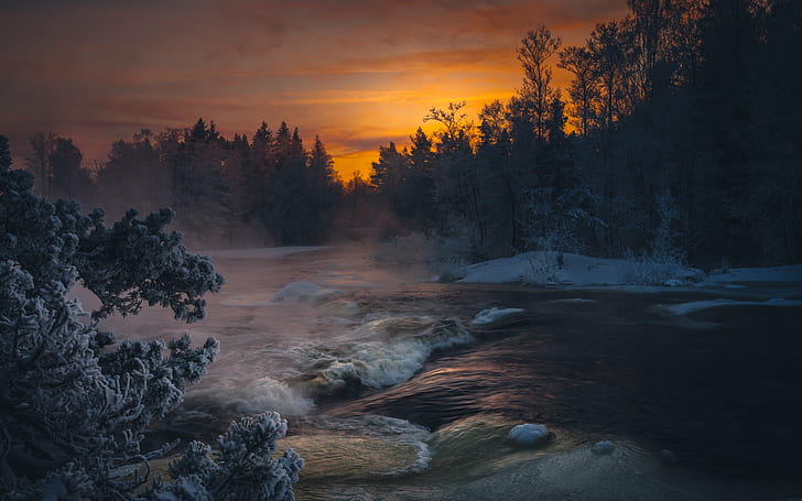 snowy river painting during sunset, Langinkoski, rapids, nikon  d600