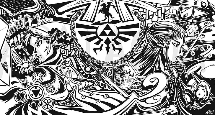 white and black abstract illustration, The Legend of Zelda, Link