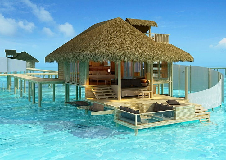 beige wooden beach house, Maldives, resort, sea, Madives Paradise