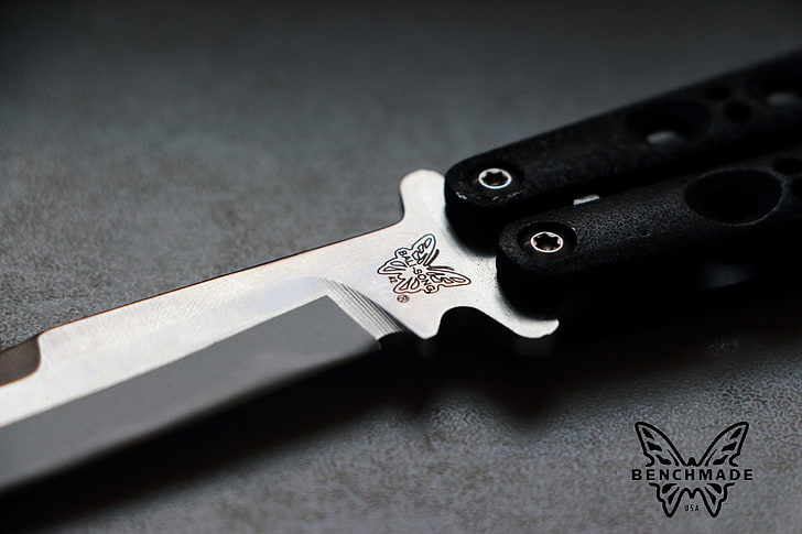black handled stainless steel Benchmade butterfly knife closeup photography, HD wallpaper