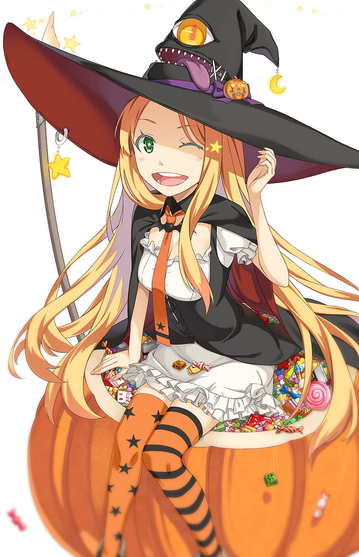Halloween, witch hat, white  background, cleavage, thigh-highs