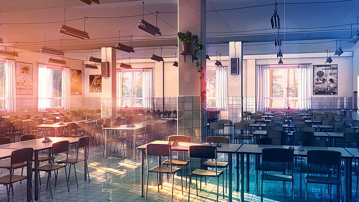 tiles, chair, cafeteria, Everlasting Summer, ArseniXC, HD wallpaper