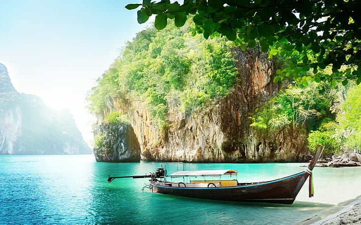 Phuket, Thailand, brown canoe, Sea, sky, boat, island, sun, HD wallpaper