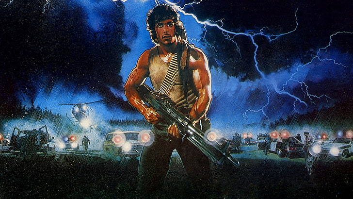 Sylvester Stallone, the storm, forest, machine, night, weapons