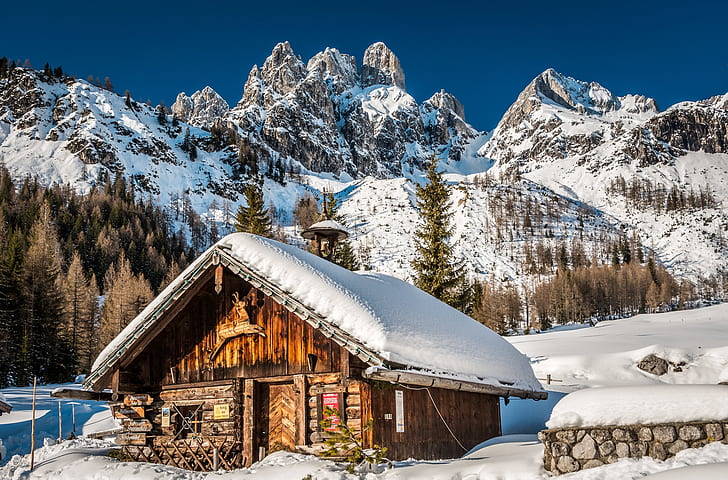 winter, snow, mountains, Austria, Alps, house, Filzmoos, The Dachstein Massif