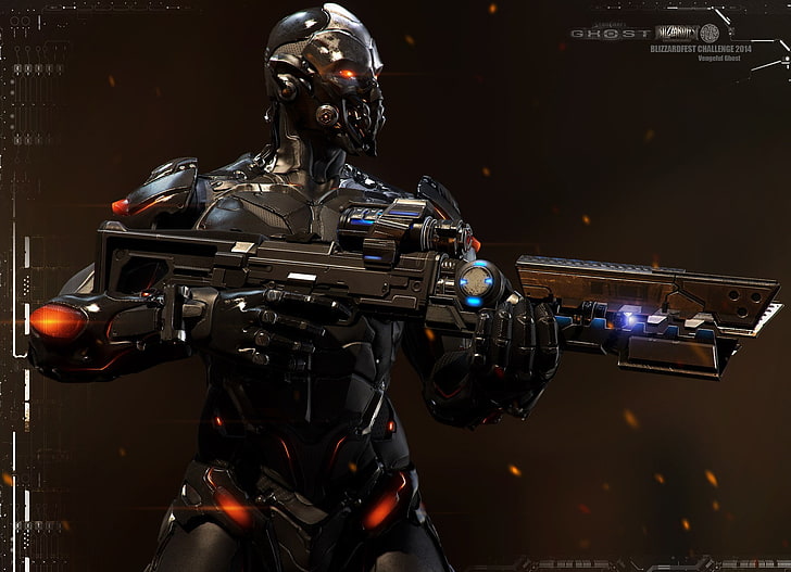 black robot holding rifle character illustration, video games, HD wallpaper