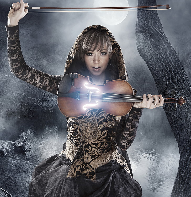 look, night, the moon, violin, music, Lindsey Stirling, Lindsay Stirling, HD wallpaper