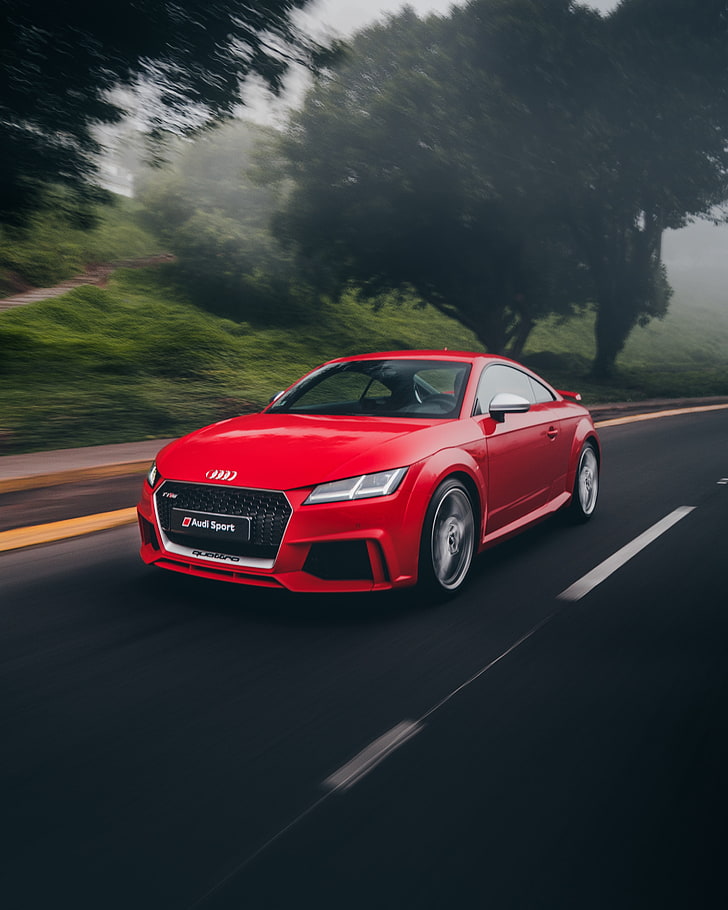 focus photography of red Audi coupe on road, audi tt, sports car, HD wallpaper