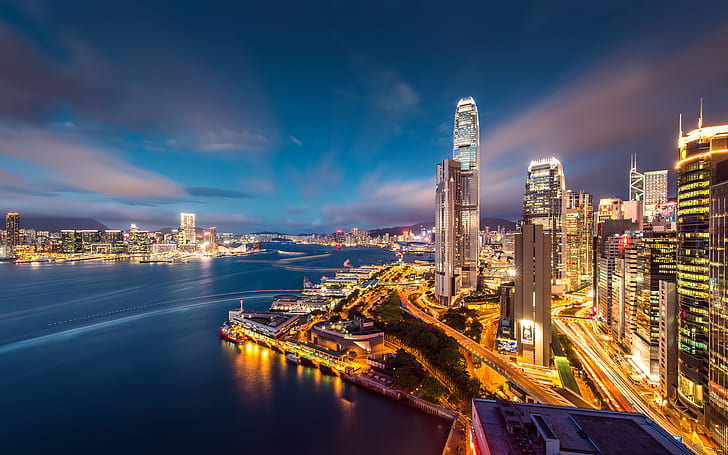 the sky, lights, building, Hong Kong, skyscrapers, the evening, HD wallpaper