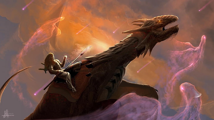 man holding spear riding dragon illustration, digital art, drawing